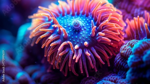 Macro shot on coral polyps. Neon corals, macro shot of ocean world, background, underwater world