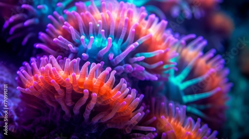 Macro shot on coral polyps. Neon corals, macro shot of ocean world, background, underwater world