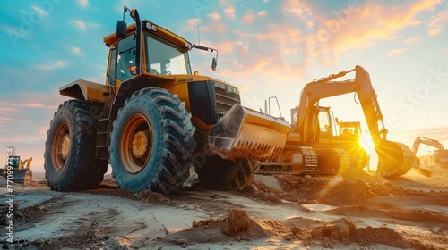 A dynamic construction site scene featuring two heavy wheeled tractors