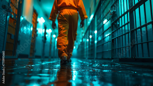 a prisoner in a US federal prison mysteriously entering a cell at night wearing an orange prisoner uniform,generative ai
