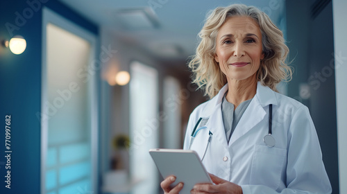 Beautiful mature female doctor in white coat holding digital tablet and looking at it, smiling while standing against blue background. Healthcare and digital technologies
