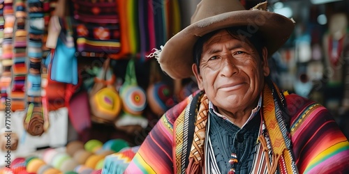 Bolivian indigenous man selling crafts in La Paz showcasing Latin American culture and tradition. Concept Indigenous Culture, Latin American Crafts, Bolivian Traditions, La Paz Street Market