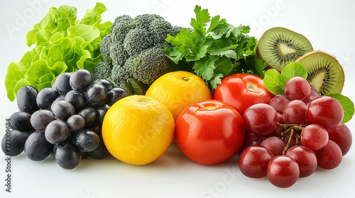 Assortment of fresh fruits and vegetables. Assorted fresh ripe fruits and vegetables. Food concept background. Top view. Copy space.