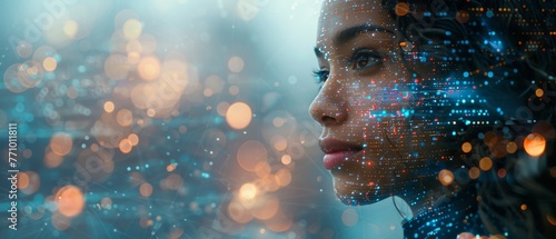AI robot woman with artificial intelligence analysis flow big data. Cyborg woman contemplates stream of data in image waterfall of lights particles. Machine learning concept. Neural network training.