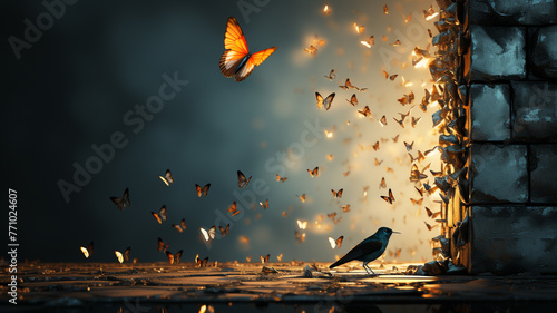 A beautiful sight of a bird and butterflies in flight.