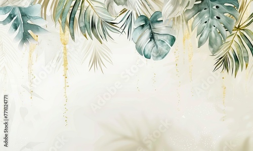 watercolor luxury rich light colors gold 3d big palm Livistona leaves hanging down. AI generated illustration