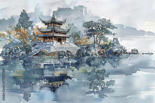 A small temple on an island in the middle of a lake, depicted in a watercolor and ink sketch in the style of Chinese artists