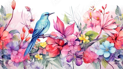 Watercolor wallpaper colorful tropical flowers with bird perched on branches.