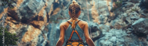 Adventurous girl climbing or bouldering in a sport climbing gym background