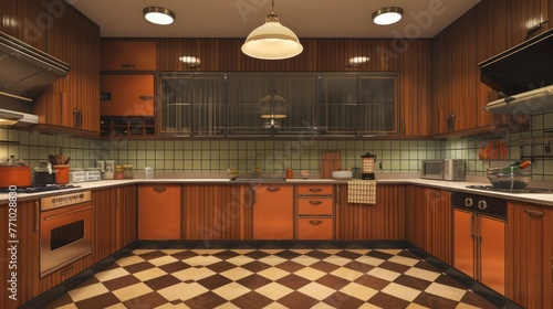 Vintage kitchen cabinets. Stylish vintage kitchen featuring mid-century teak cabinets and unique colors