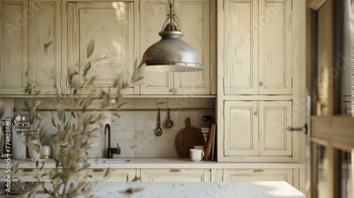 Vintage kitchen cabinets. Ivory kitchen cabinets with antique light. Culinary books and utensils add character