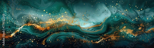 Green and Gold Marble Waves - Abstract Painting Texture for Luxury Background and Banner with Swirls and Splashes, AI Generated