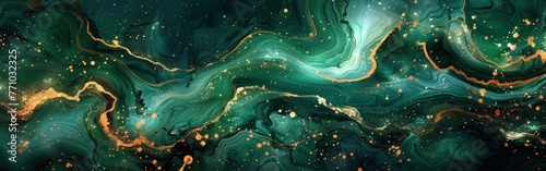 Green and Gold Marble Waves - Abstract Painting Texture for Luxury Background and Banner with Swirls and Splashes, AI Generated