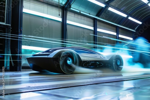 A futuristic electric car in an active wind tunnel for an aerodynamics test.