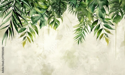 wallpaper watercolor style illustration with 3d hanging palm luxury leaves. AI generated illustration