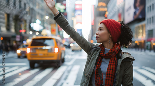 Woman hailing taxi cab or ride share car service in New York