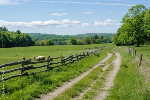 Green field sown with wheat, barley, grain crops. Field road. village fence