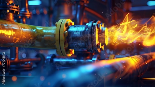 natural gas use is double exposed in this gas pipe with an open yellow valve and a burning gas burner.
