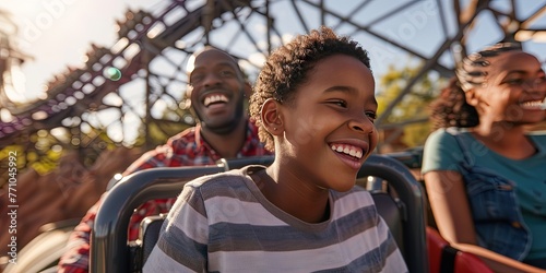 Family having fun and smiling on roller coaster at amusement park