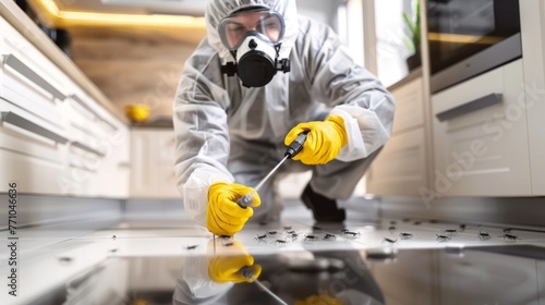 Exterminator in protective gear targeting cockroaches on floor. Precision pest control in action. Concept of thorough sanitation, professional extermination, and pest management.