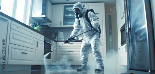 Pest control specialist exterminating cockroaches with precision. Detailed disinfection service in a kitchen. Concept of targeted pest elimination, hygiene maintenance, and expert sanitation.