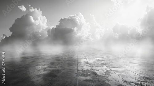 Monumental clouds shrouded in mist, in black and white colors