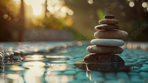 A stack of balanced stones on the edge of an outdoor pool, symbolizing calm and tranquility.