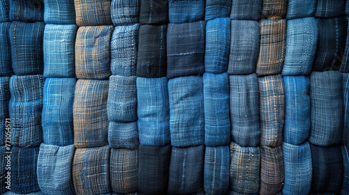 A stack of stacked blue denim pants with visible seams and different shades of denim