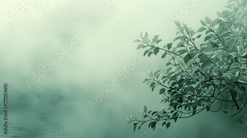 The branches of a tree with green leaves against a hazy, monotonous green sky
