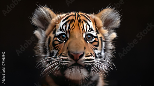 Portrait of a young tiger on a dark background with an attentive gaze