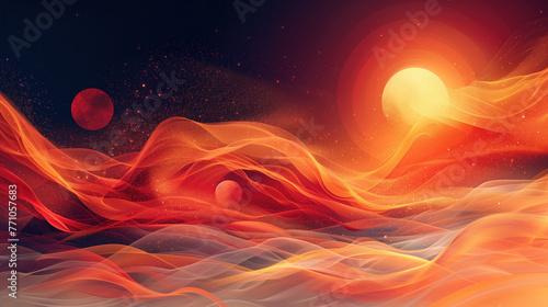 Abstract image of waves of fire and light with sun and planets in the background