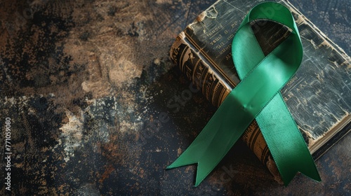 Green ribbon the international symbol for mental health delicately placed on a worn-out book background with empty space for text