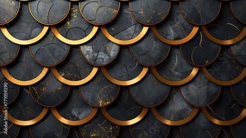 Decorative wall with flake texture consisting of black round tiles with gold elements