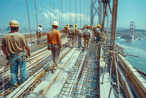 Construction Workers Walking on Steel Beam Above Golden Gate Bridge During 1930s Construction