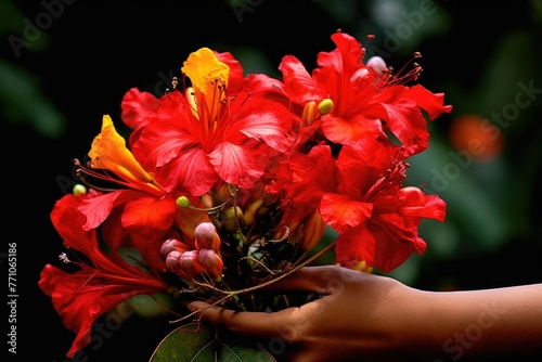 A person delicately holds a vibrant bunch of red and yellow flamboyant flowers. Generative AI