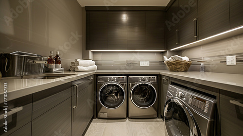 A sleek and functional laundry room with storage cabinets, a folding station, and modern appliances.