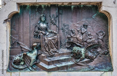 Details of base of statue of Ivan Gundulic from 1893 in Old Town of Dubrovnik city, Croatia