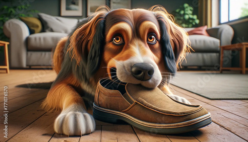 A puppy dog chewing on a man's slipper in a house living room