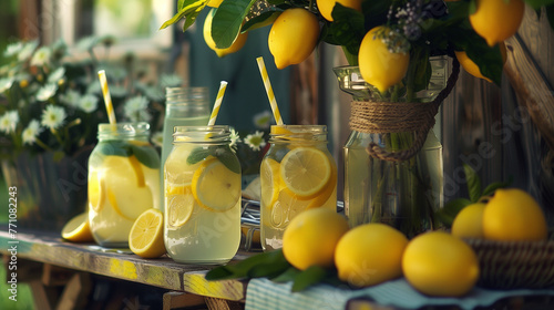 A quaint lemonade stand adorned with fresh lemons and mason jars filled with ice-cold lemonade, reminiscent of childhood summers and neighborhood camaraderie