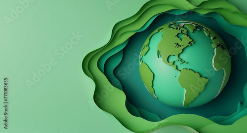 Earth Day concept paper cut waves different layers of green color shades with green world model