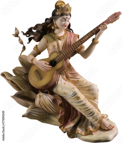Saraswati traditional Indian woman playing sitar cut out on transparent background