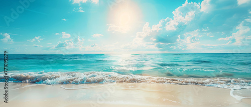 This image artfully captures the tranquil beauty of a sunny, tropical beach with the waves gently lapping at the sandy shore under an azure sky