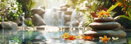 A serene spa ambiance with smooth stones carefully balanced, featuring vibrant orange flowers gently floating on calm water