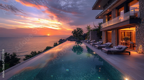 A luxurious villa with a stunning infinity pool and a view of the sea surrounded by a vibrant sunset sky