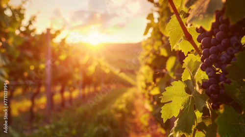 Warm sunlight beams through a vineyard, highlighting the bunches of ripe grapes ready for harvest