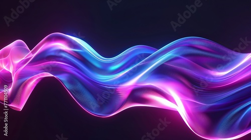 An abstract, fluid 3D-rendered holographic neon wave, undulating gracefully against a dark backdrop. Its iridescent, neon hues and smooth, curved form create a dynamic gradient