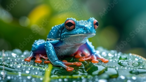 a bright blue tree frog sitting on a leaf above the water
