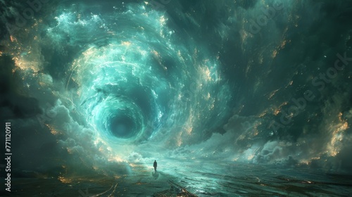 A depiction of a person traveling through a series of wormholes representing the idea of multiple timelines and parallel universes within the fourth dimension.