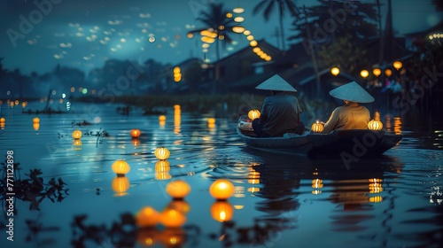 Lanterns floating in lake pond with people wearing conical hats sitting in boat, night sky