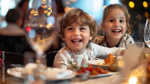 Delighted children at a luxurious food tasting event close-up on their expressions of wonder blending fine dining with youthful joy